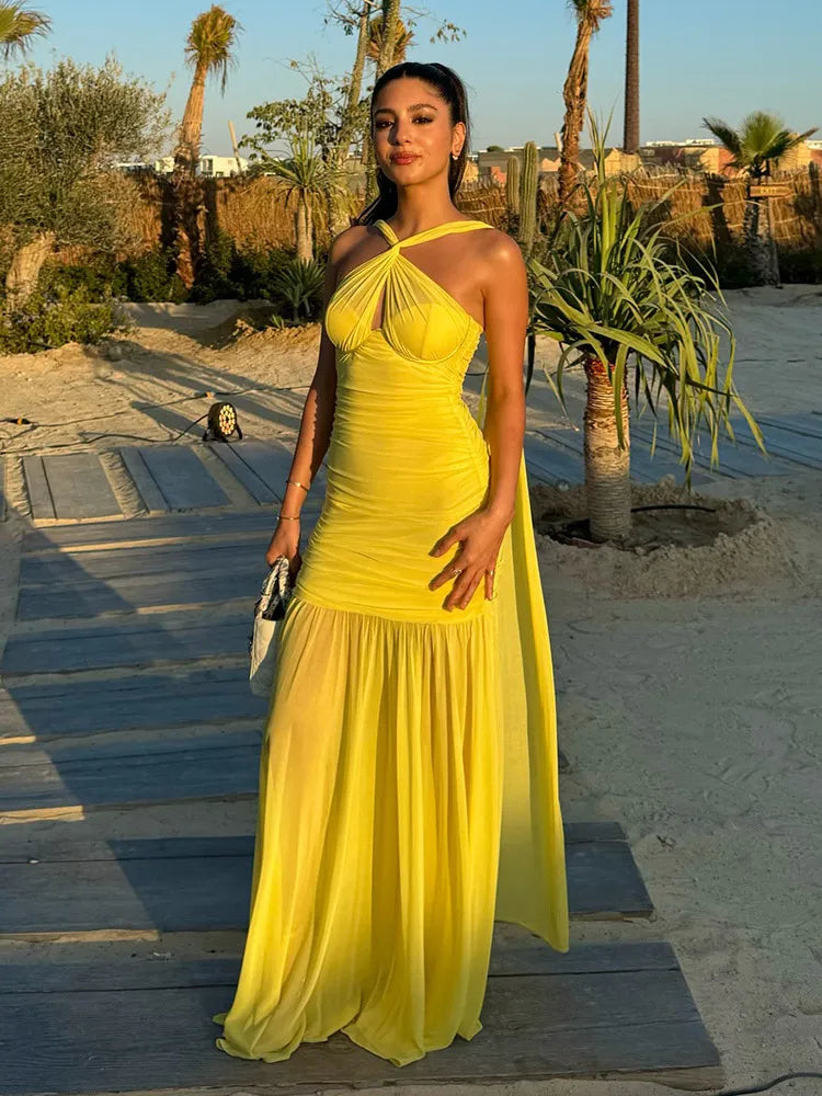 Maliya Halter Mesh Slit Maxi Dress
