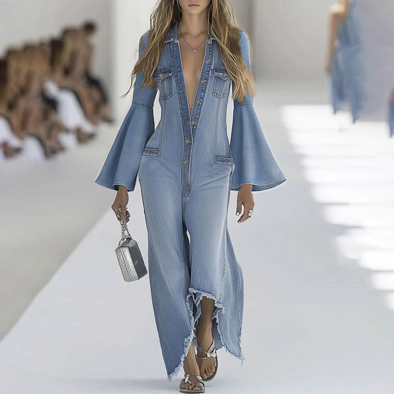 Denim Jumpsuit Bell Sleeves And V-Neck Party Wear