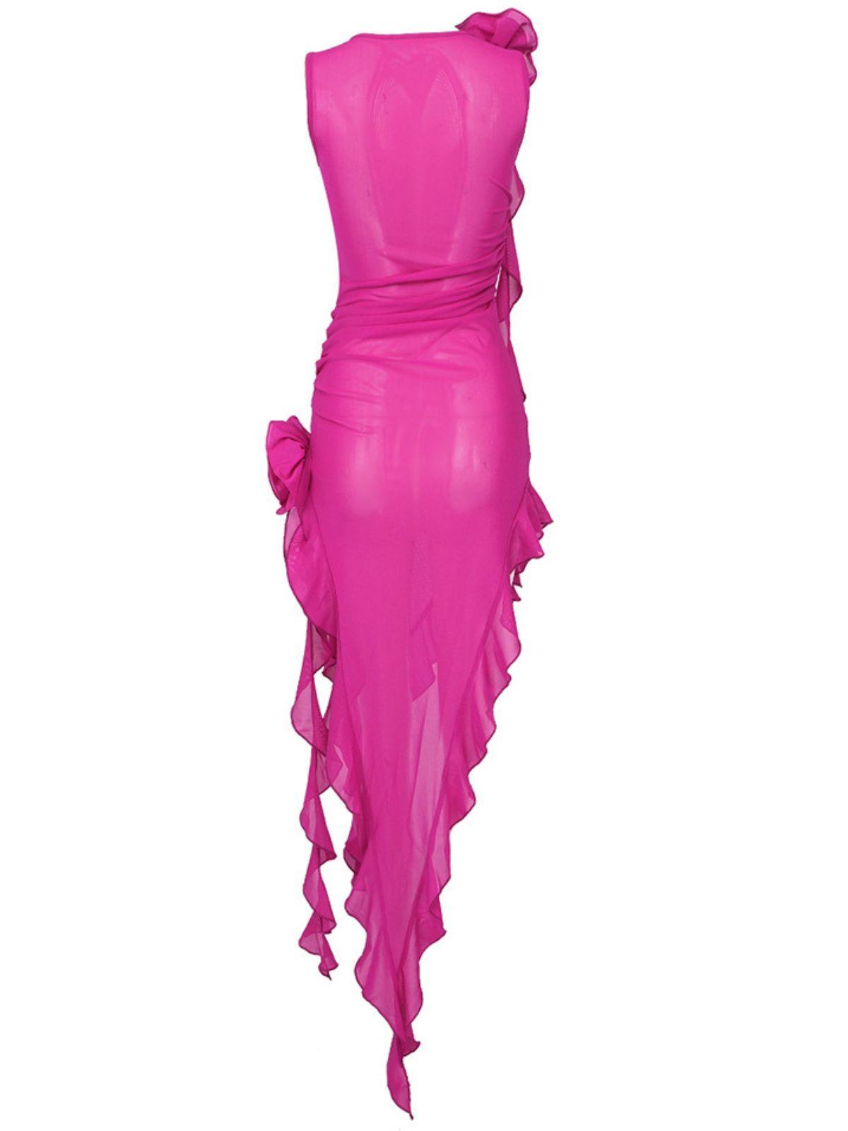Norine Mesh Flower Midi Dress In Hot Pink