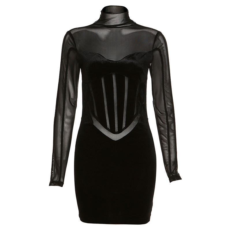 Mesh Corset Sheath Turtleneck Dress