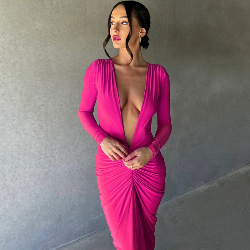 V-neck Slim Fit Pleated Long Sleeve Dress