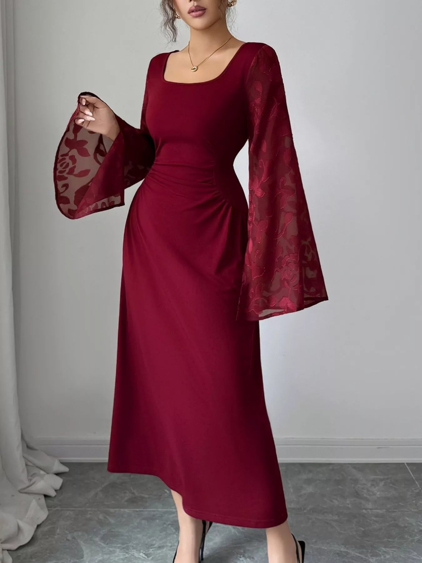 Square Neck Flare Sleeve Midi Dress