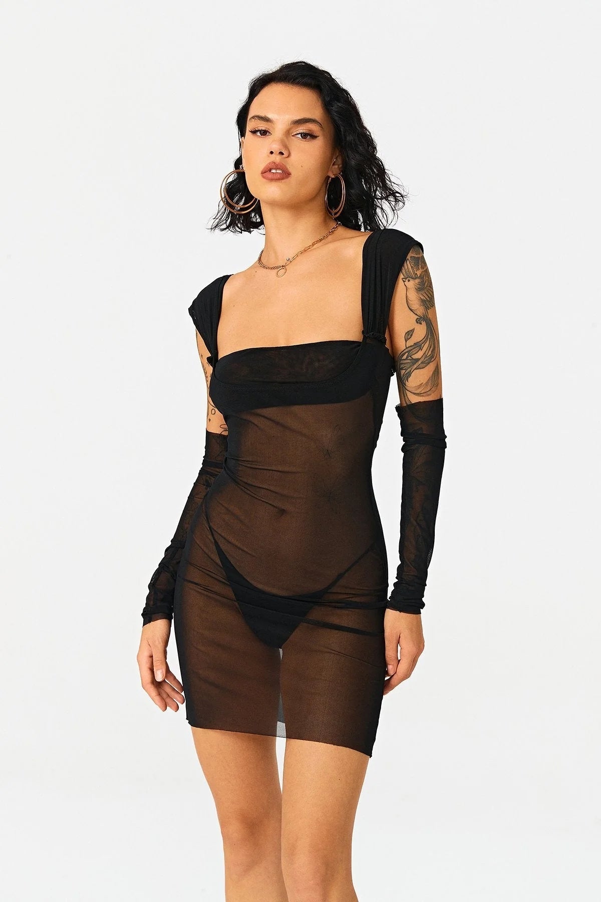 Wrapped Chest Long -sleeved Mesh High Waist Bag Hip Mid Skirt