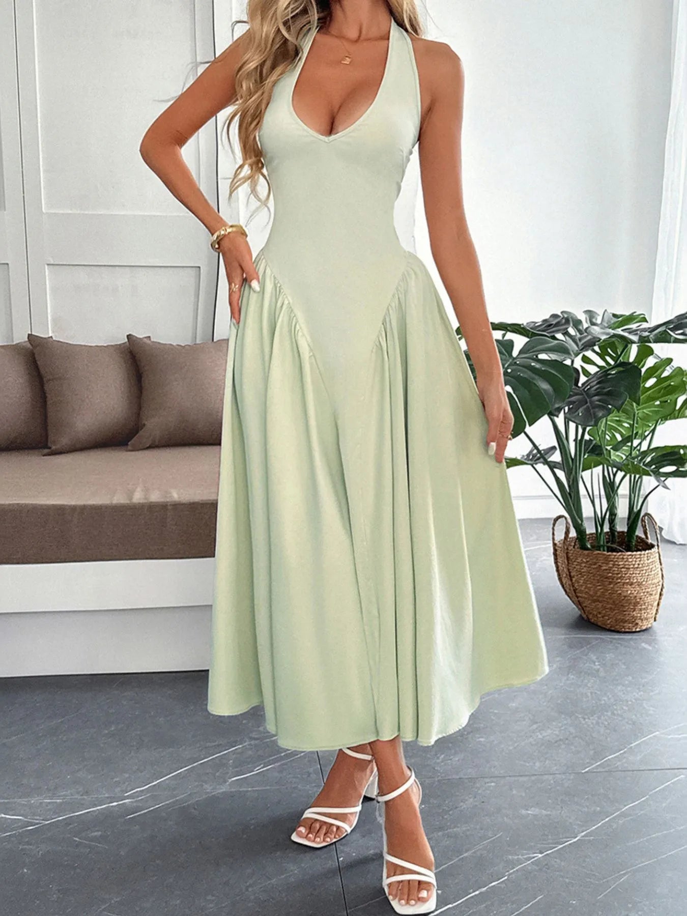 Halter Neck Ruched Midi Dress