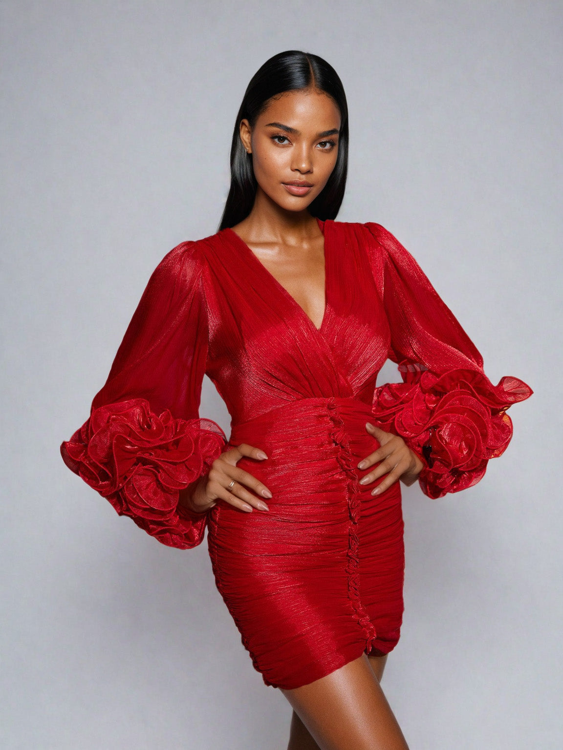Model showcasing the Anneline V Neck Ruched Mini Dress in vibrant red, featuring a flattering fit and stylish ruched design.