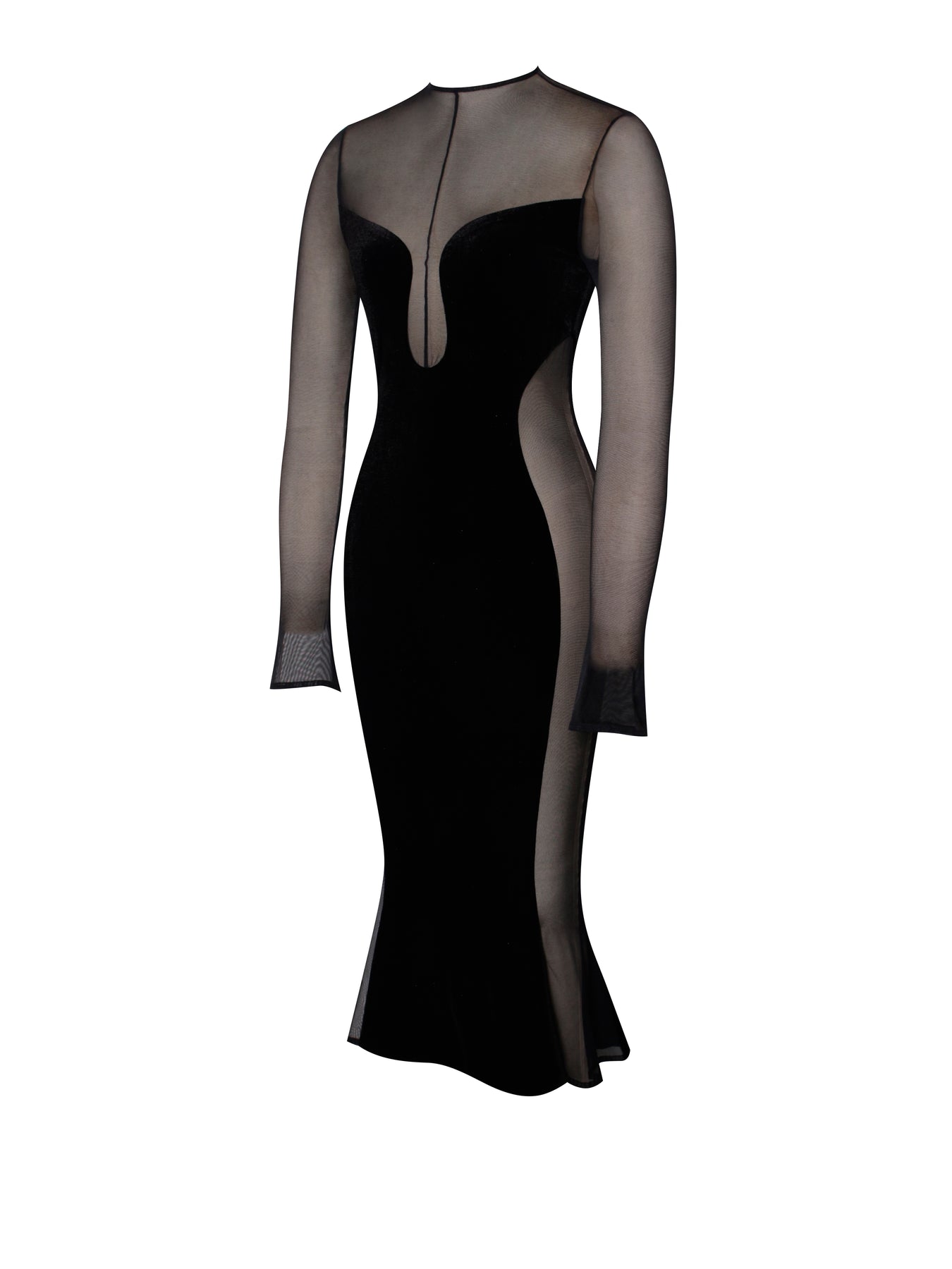 Meriga Black Velvet Mesh Long Sleeve Dress