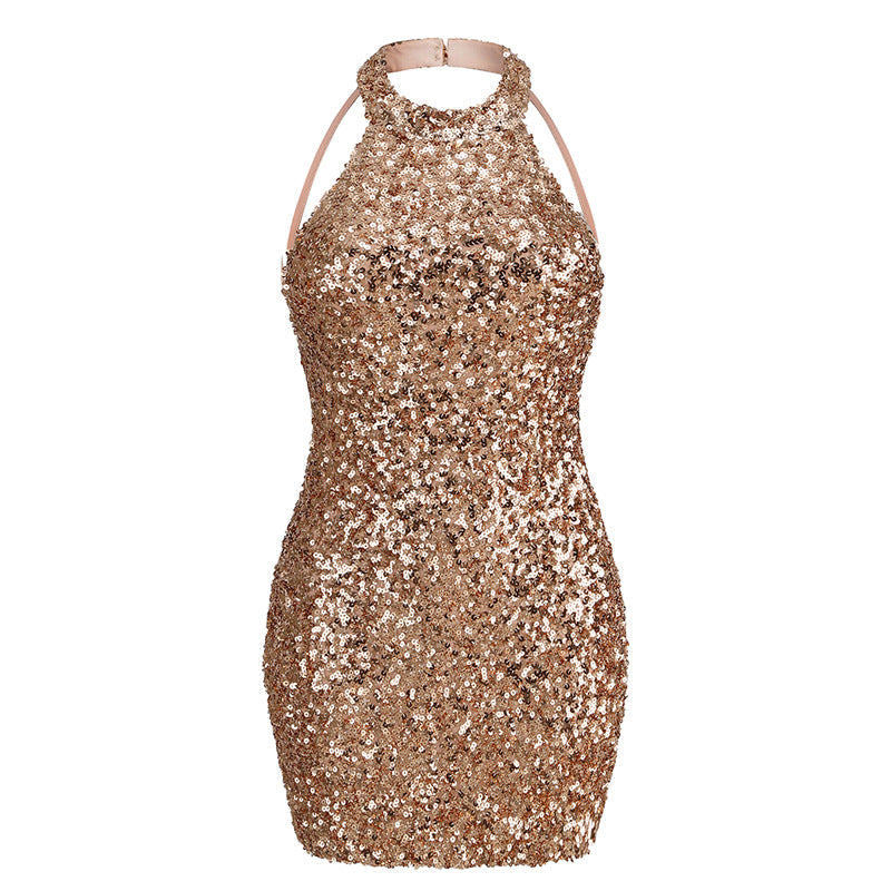 Alyia Halter Sequins Backless Mini Party Dress-Red