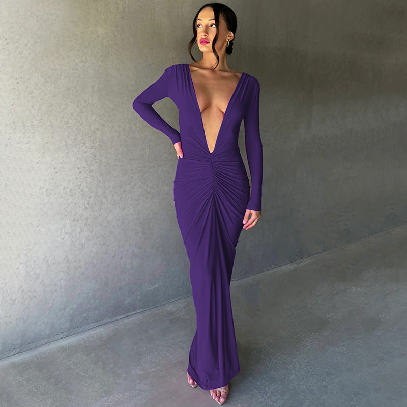 V-neck Slim Fit Pleated Long Sleeve Dress