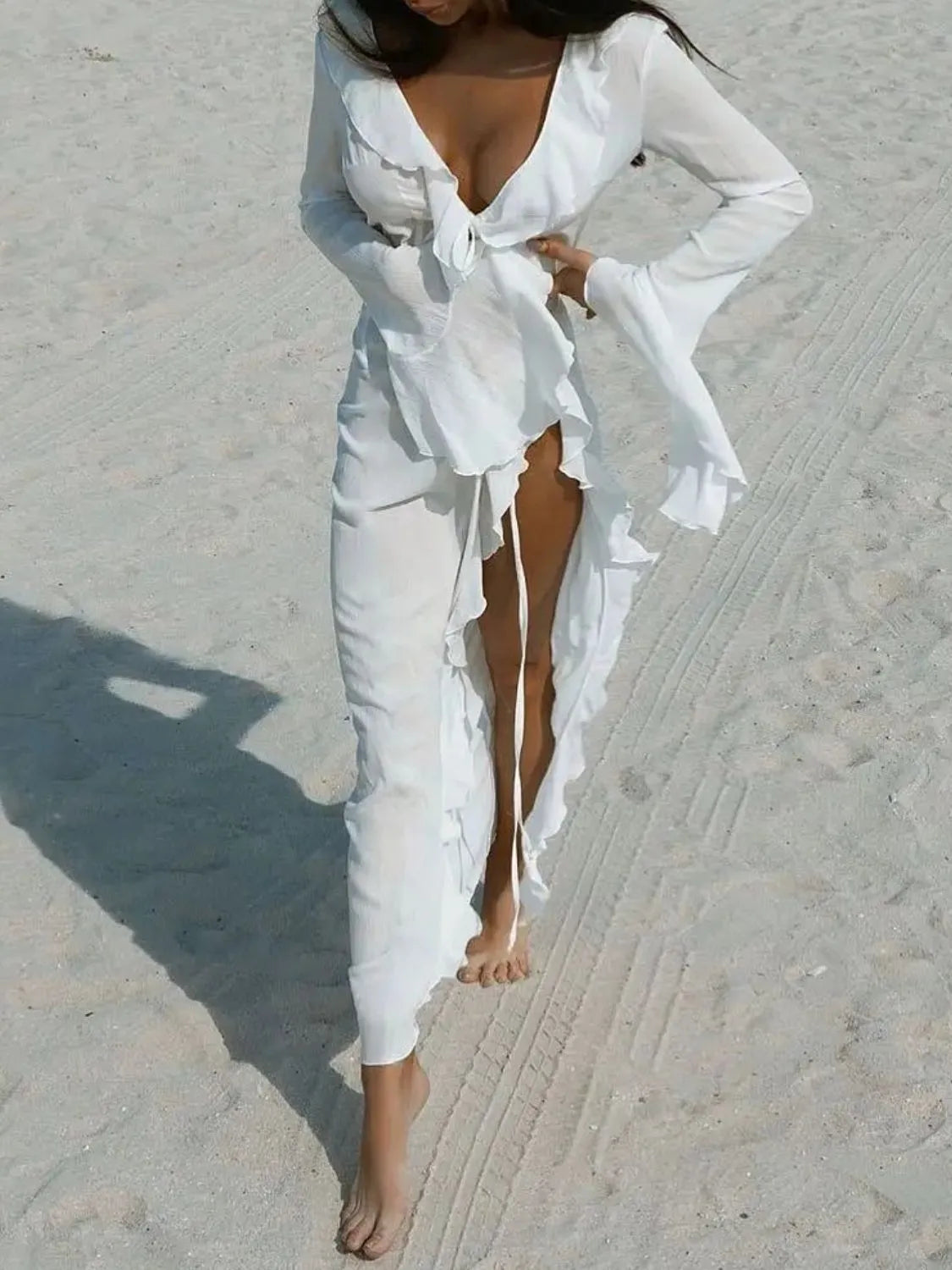 Ruffled Long Sleeve Cover-Up Dress