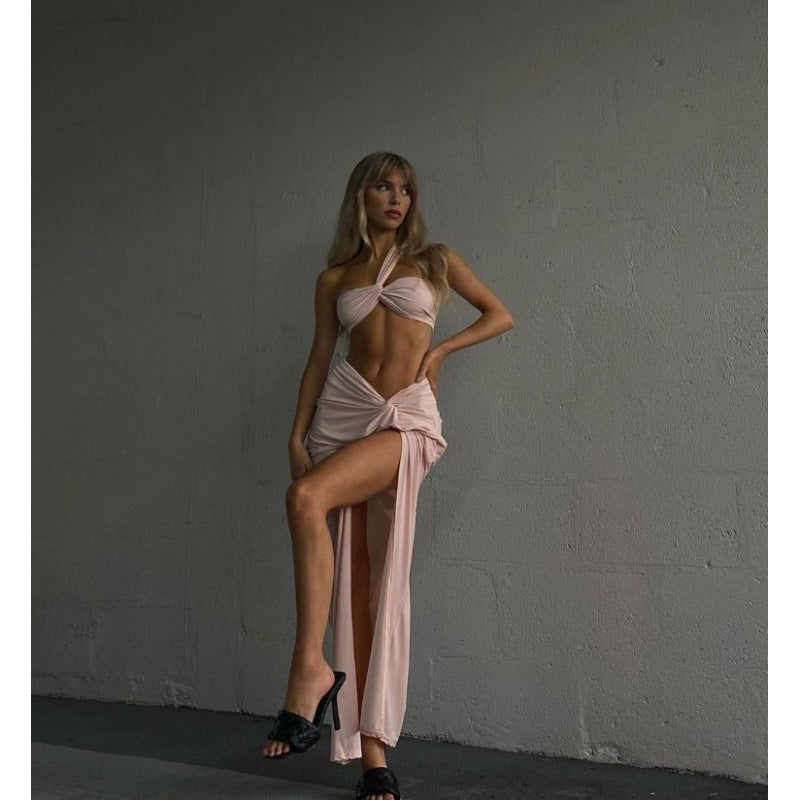 Elastic Tube Top Irregular Twisted Slit High Waist Skirt Suit