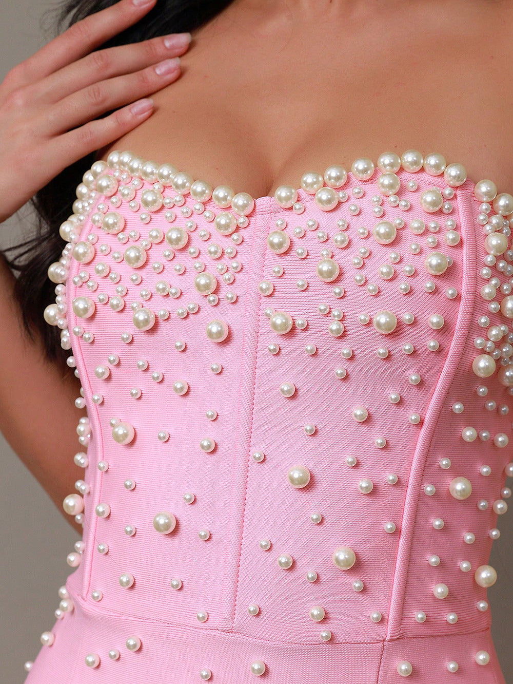 Chic Occasional Event Beaded Maxi Bandage Dress-Pink