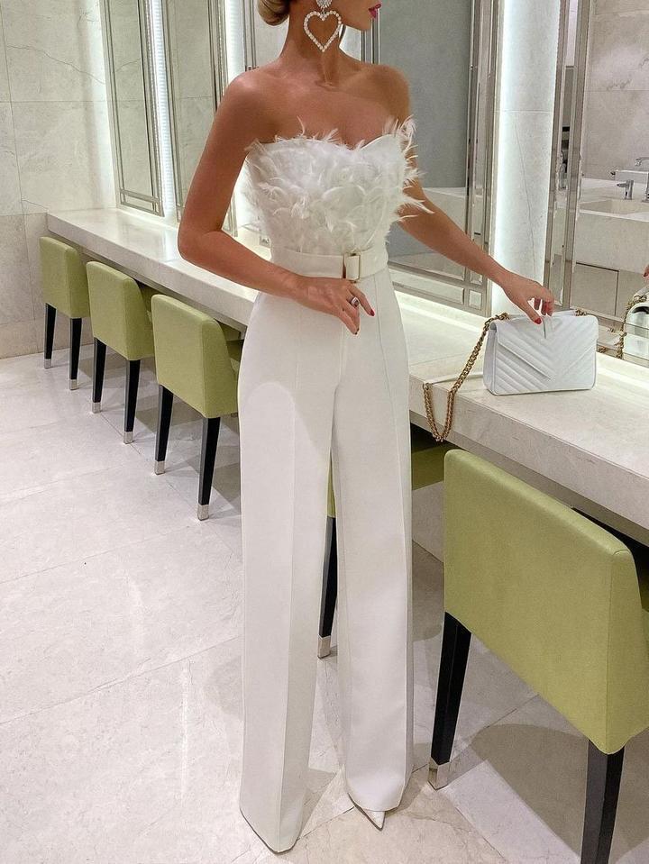 Feather Tube Top Fashion Jumpsuit-white