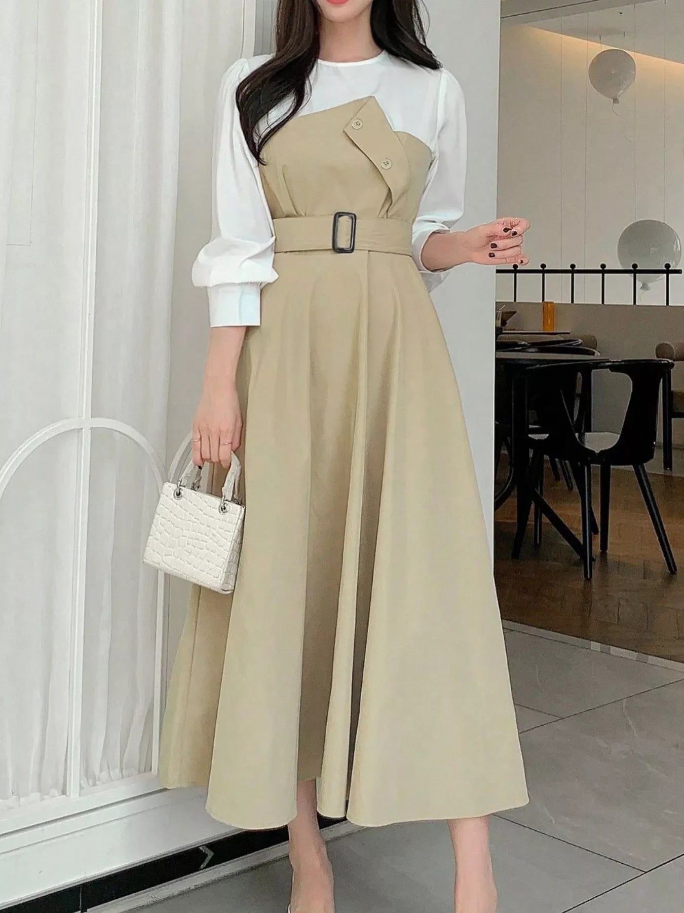 Contrast Long Sleeve Midi Dress with Belted