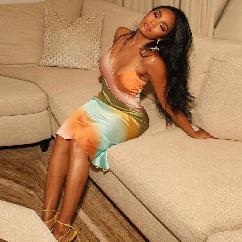 Rainbow Sling V-Neck Backless Dress