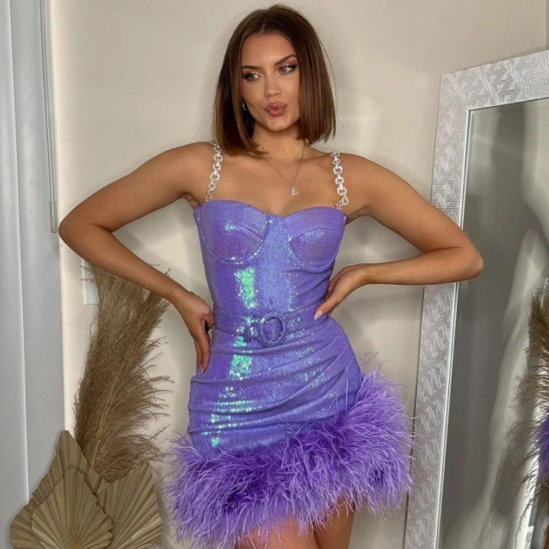 Gorgeous Fur Belt Sequin Slip Dress