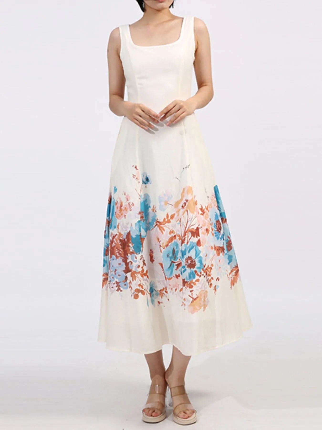 Cutout Back Printed Square Neck Dress