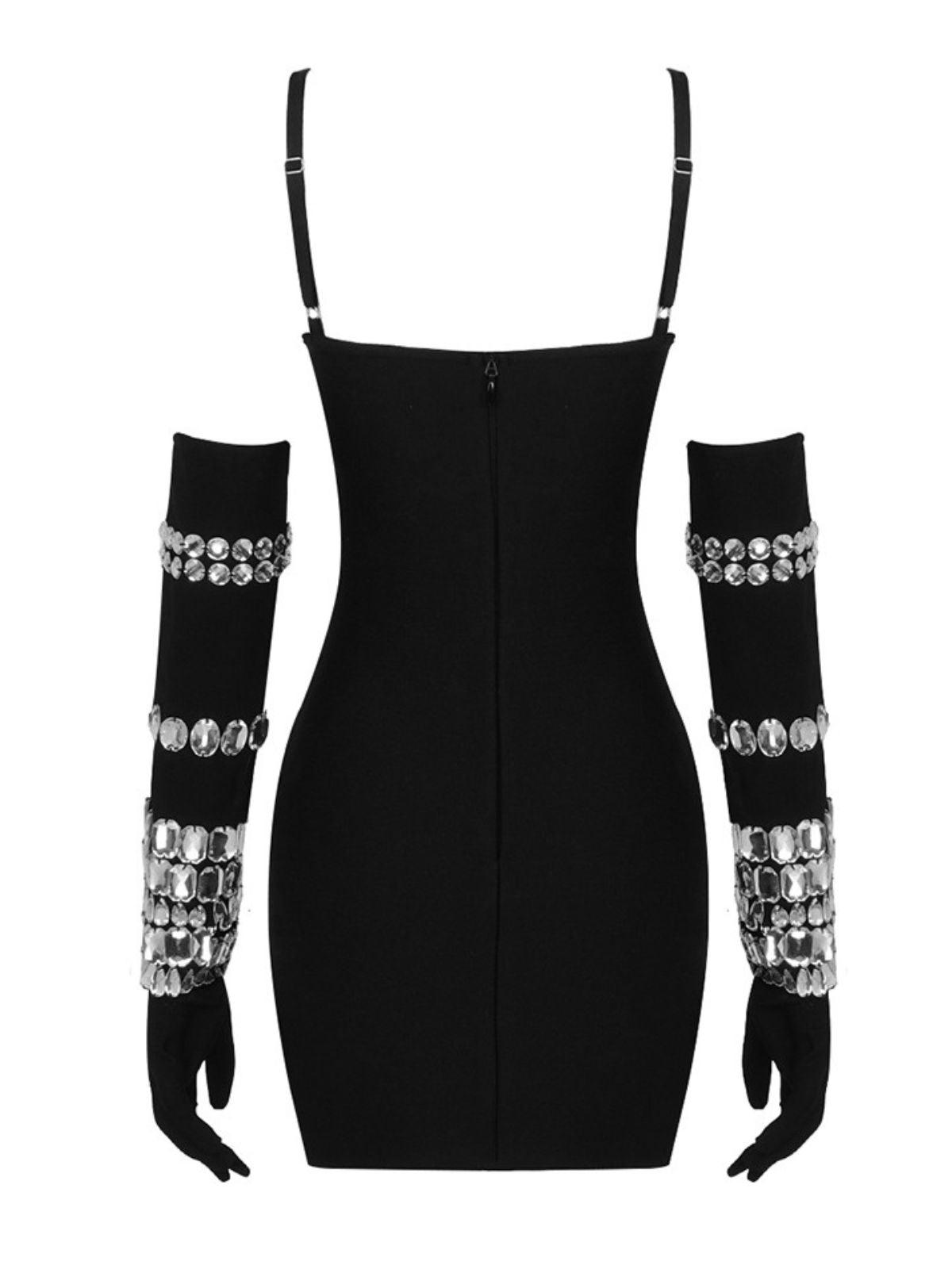 Izaiah Crystal Embellished Black Bandage Dress with Gloves, perfect for parties and formal occasions.