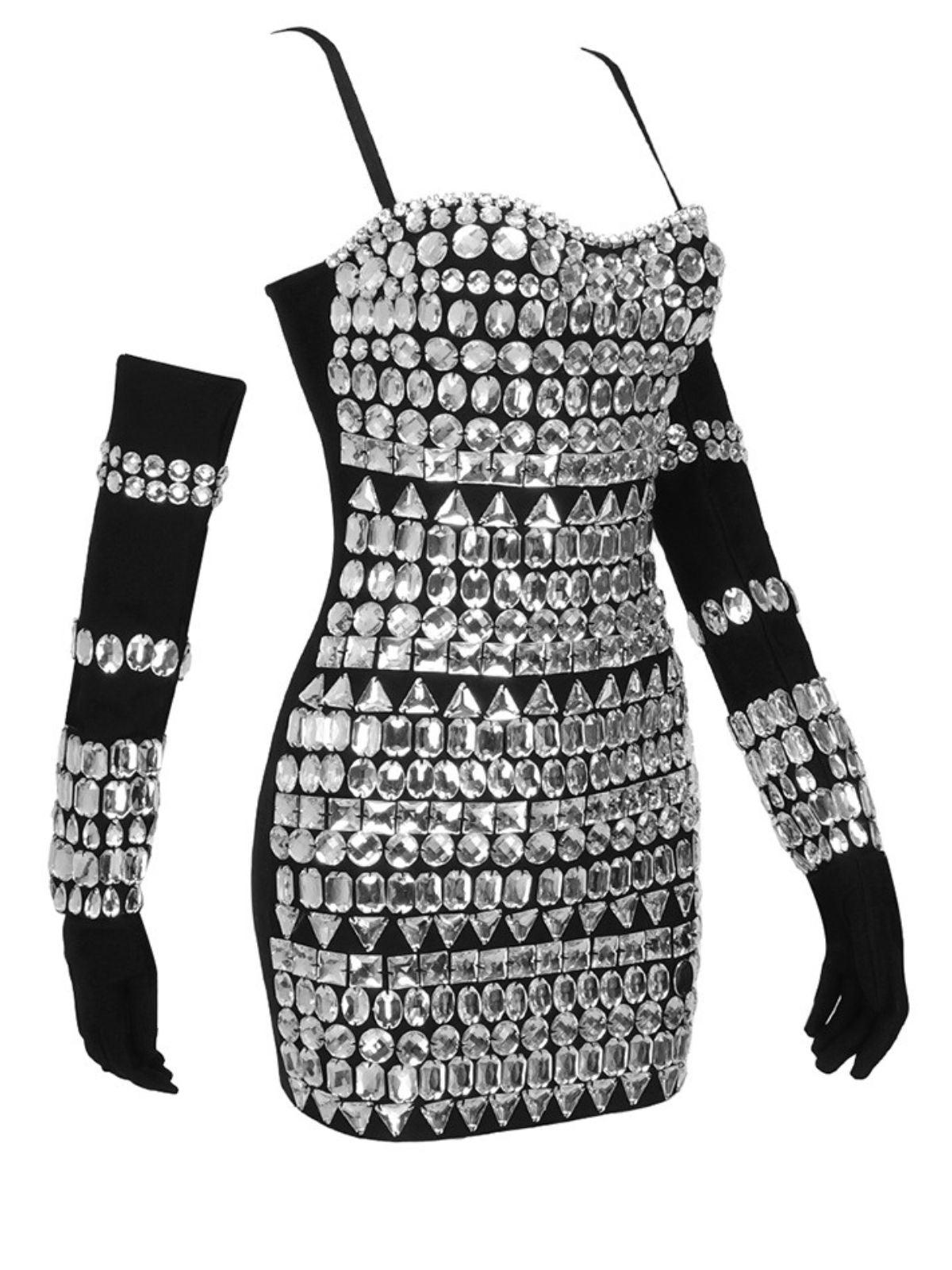 Izaiah Crystal Embellished Black Bandage Dress with Gloves, perfect for parties and formal occasions.
