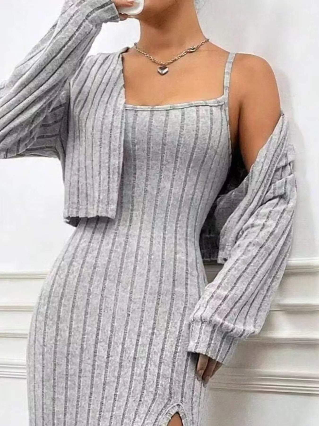 Ribbed Knit Cami Dress & Cardigan Set