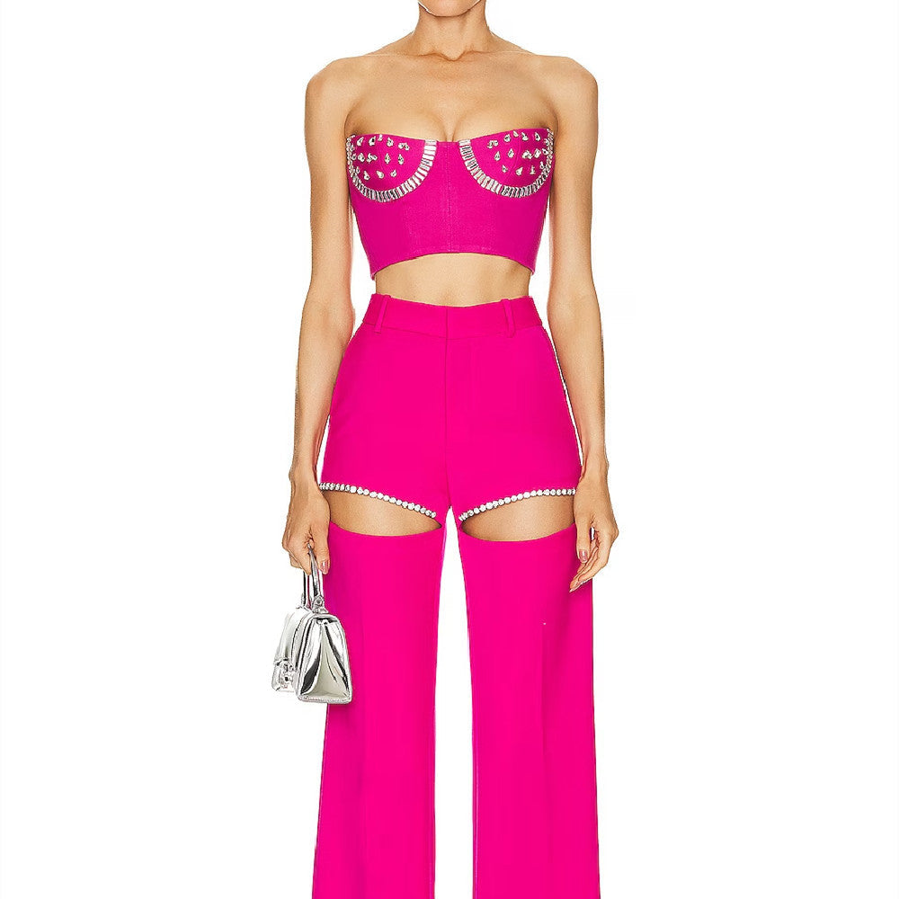 Rhinestone Short Tube Top Cropped Pant Set