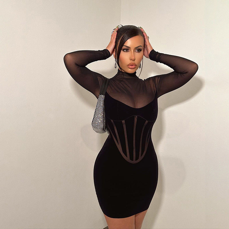 Mesh Corset Sheath Turtleneck Dress
