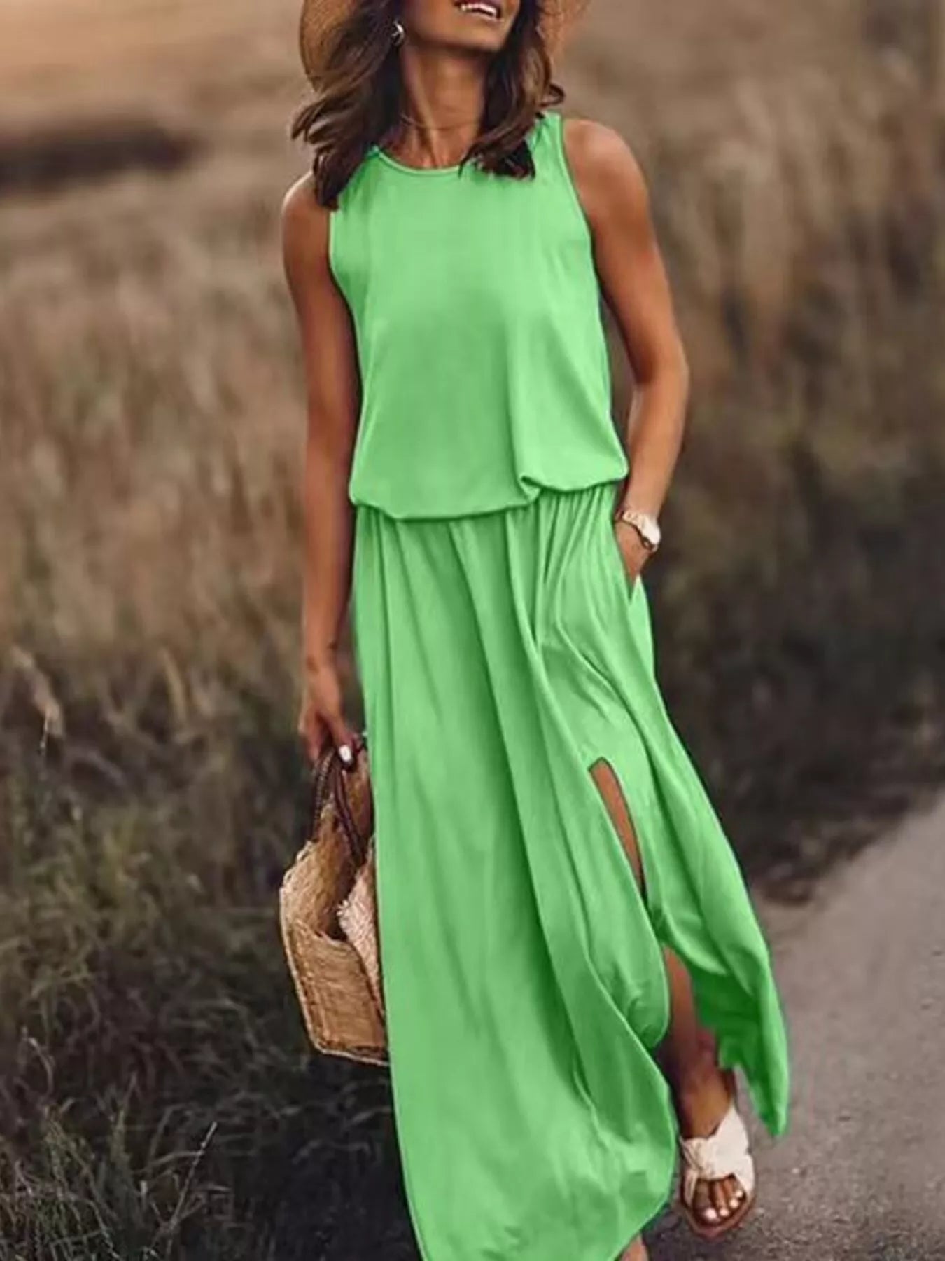 Round Neck Sleeveless Slit Maxi Dress
