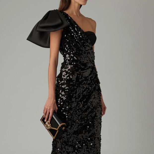 Elite One-shoulder Bow Sequined Sheath Dress