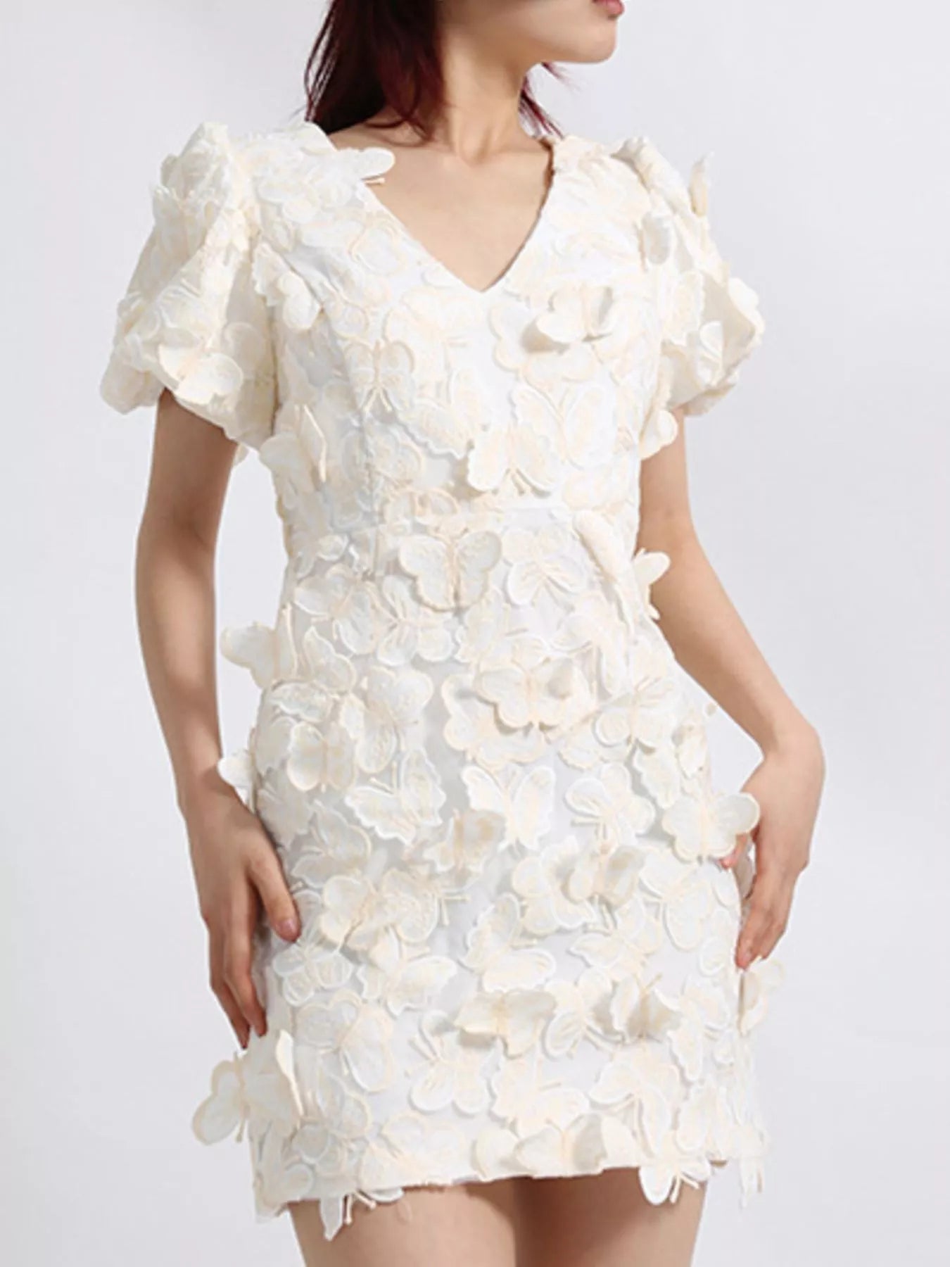 Butterfly V-Neck Puff Sleeve Mini Dress
