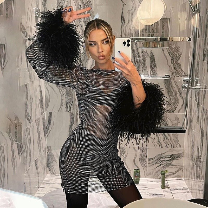 Mesh Feather Party Dress-Black