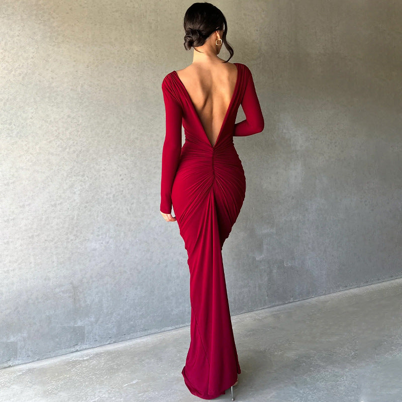 V-neck Slim Fit Pleated Long Sleeve Dress