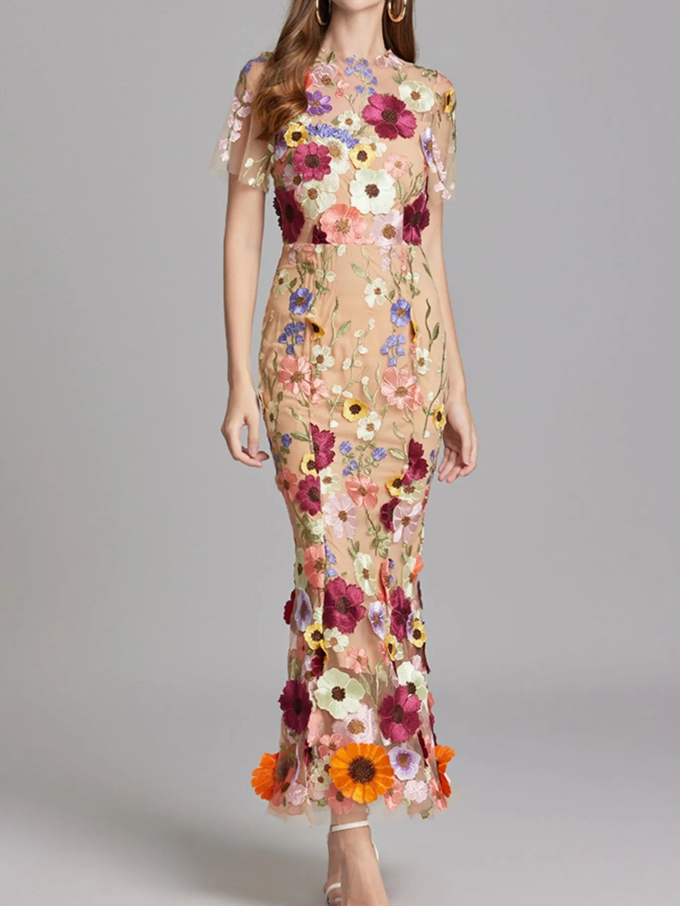 Floral Embroidered Mesh Overlay Maxi Dress