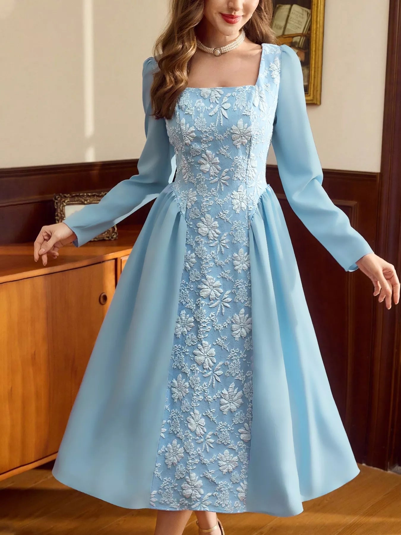 Flower Square Neck Long Sleeve Dress