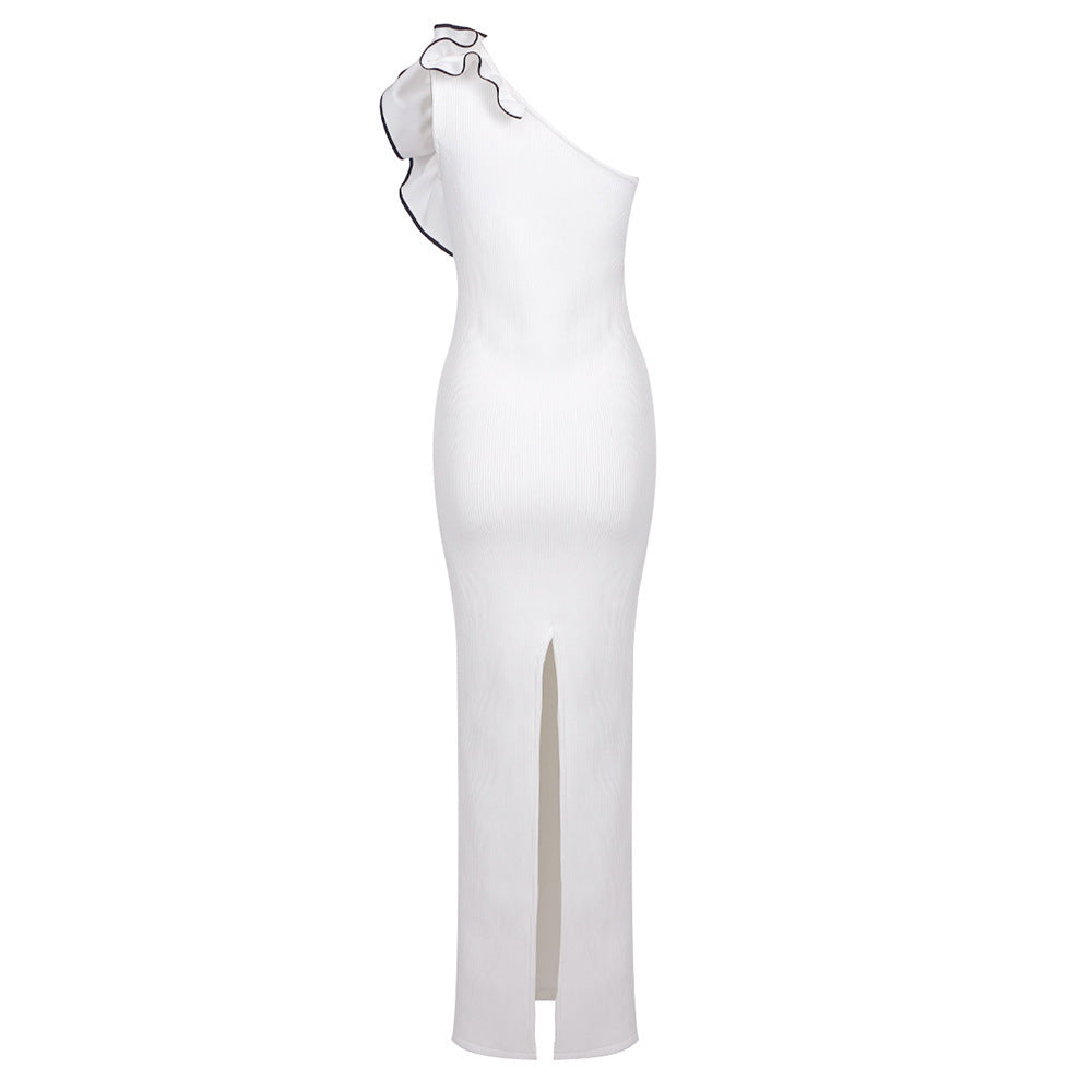Retha One-shoulder White Flower Black Hook Dress