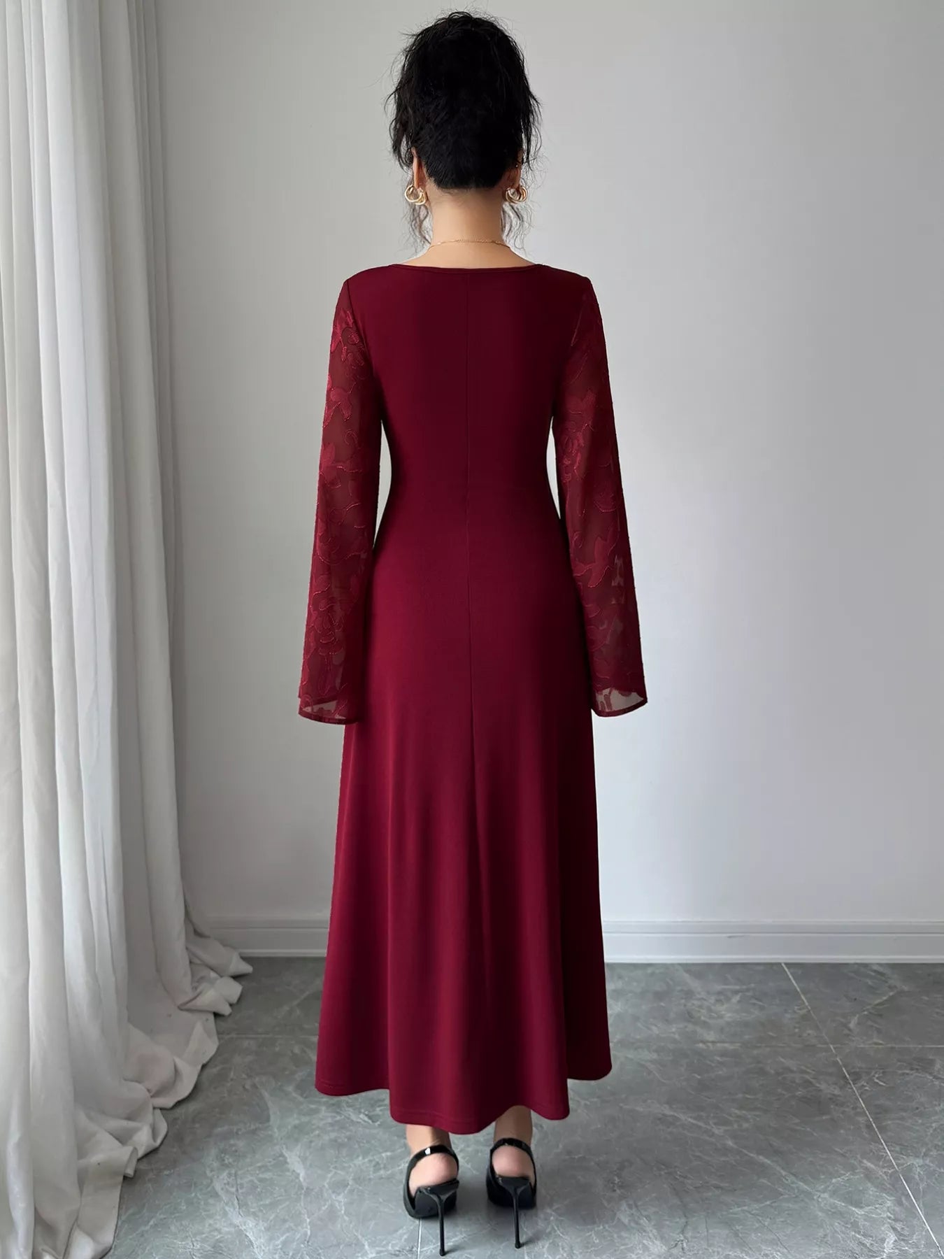 Square Neck Flare Sleeve Midi Dress
