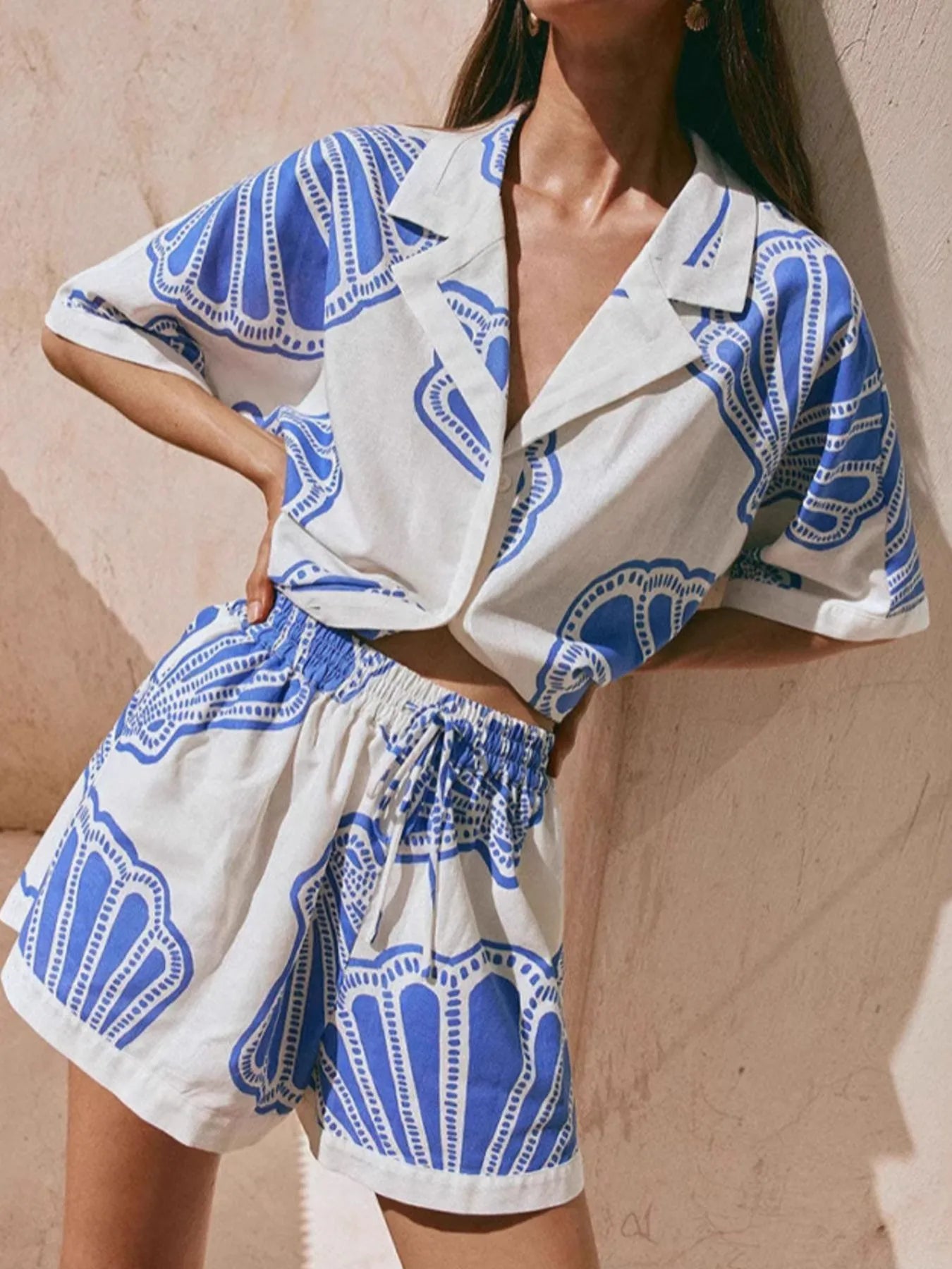 Printed Button Up Shirt and Shorts Set