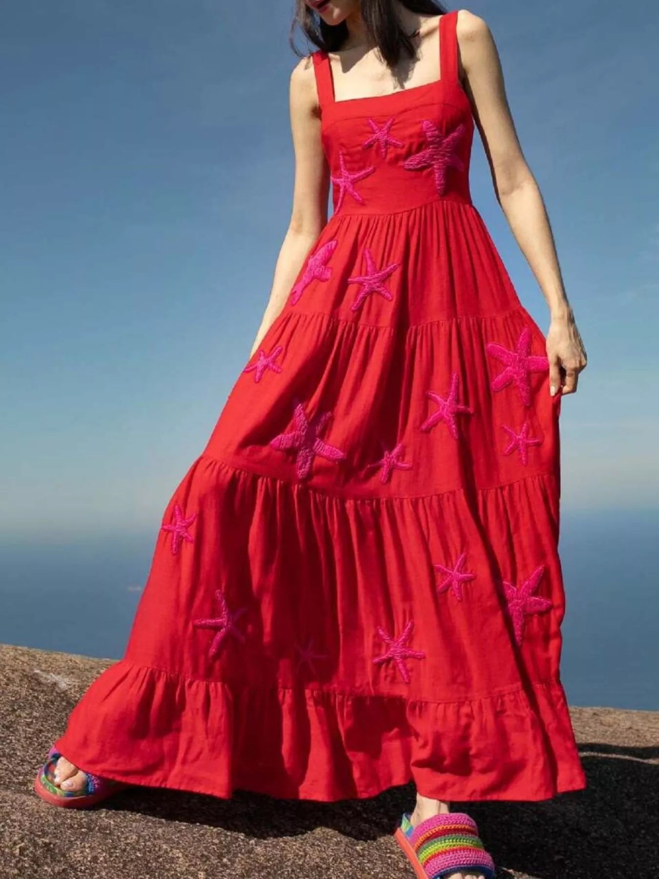 Embroidered Square Neck Tiered Maxi Cami Dress