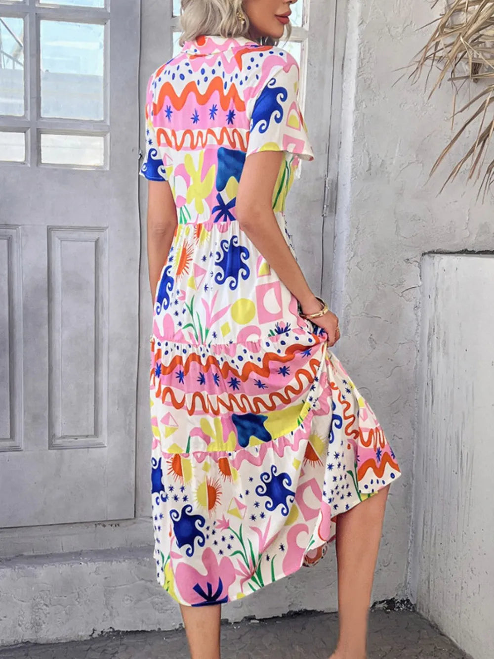 Devine Printed Johnny Collar Button Down Short Sleeve Midi Shirt Dress