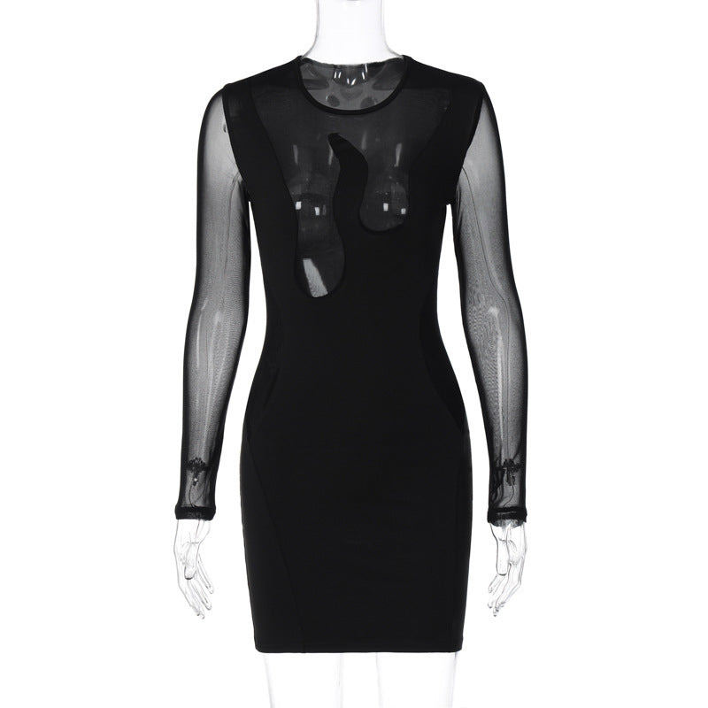 Mesh Stitching Hollow Long Sleeve Dress
