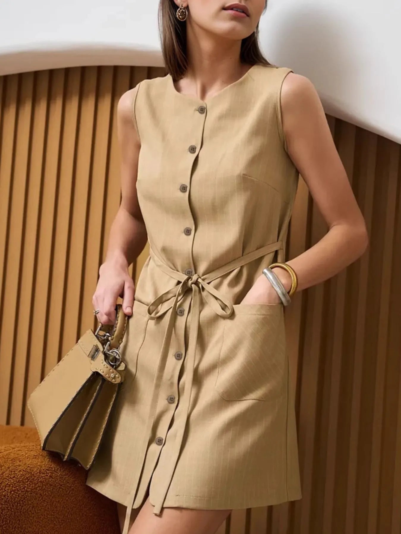 Button-Front Sleeveless Mini Dress with Tie Waist