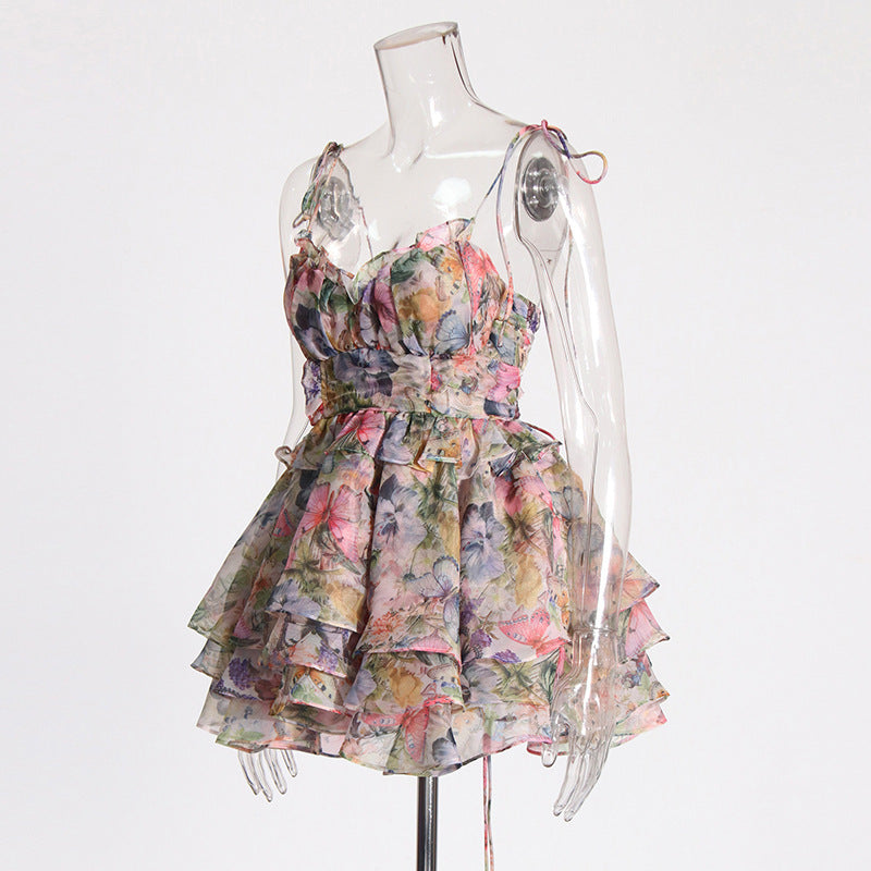 Kelly Sleeveless V-neck Lacing Flounce Mini Dress