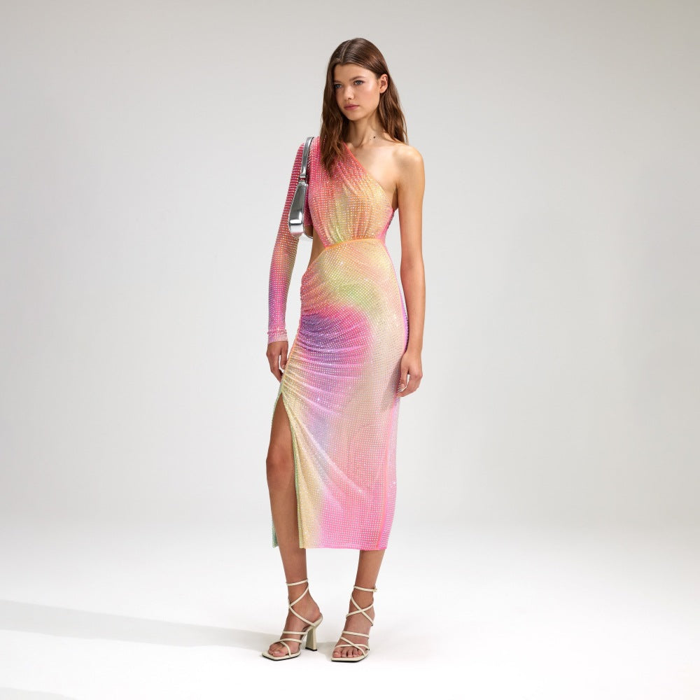 Ahusha Diagonal Shoulder Slit Metallic Dress