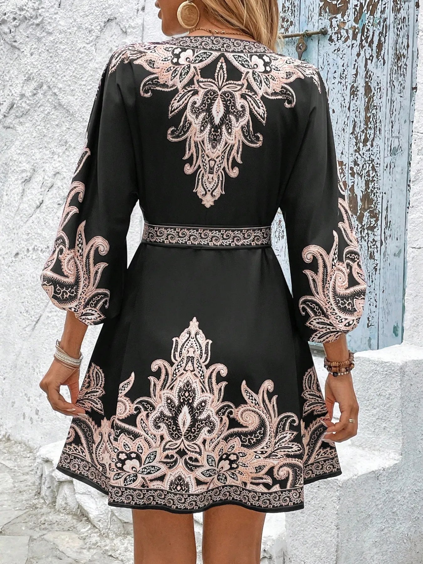Printed V-Neck Balloon Sleeve Mini Dress