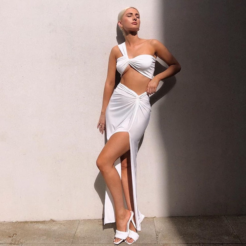 Elastic Tube Top Irregular Twisted Slit High Waist Skirt Suit