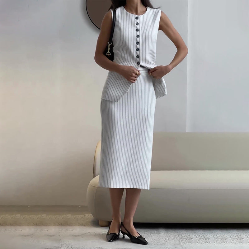 Round-neck Striped Vest High Waist A- Line Skirt Suit
