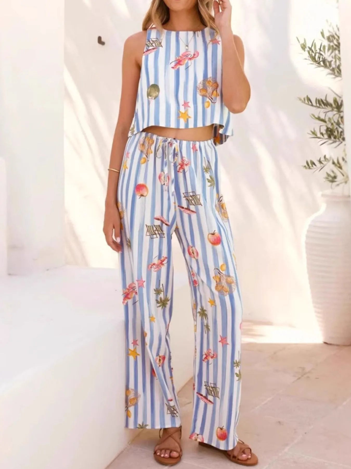 Printed Stripe Tank and Pants Set