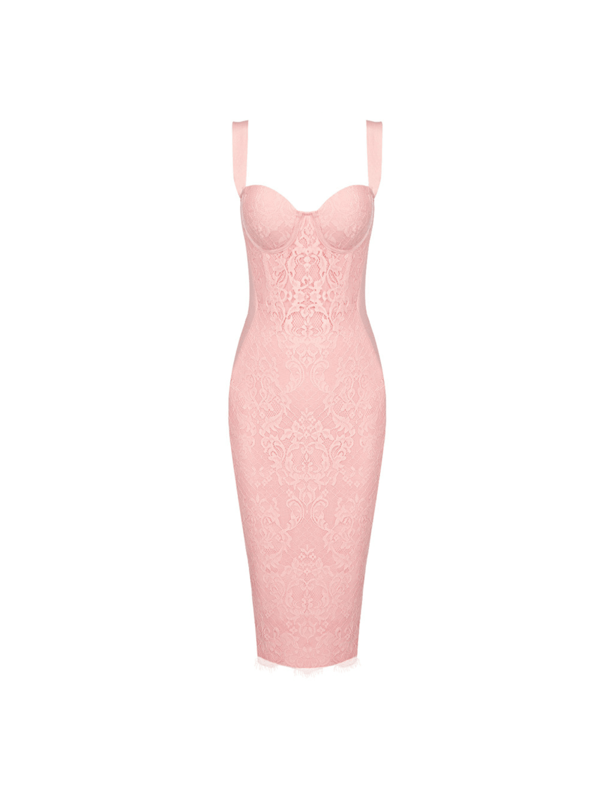 Finbar Lace Bandage Dress in Pink, showcasing elegant lace details and high stretch fabric, perfect for evening wear.