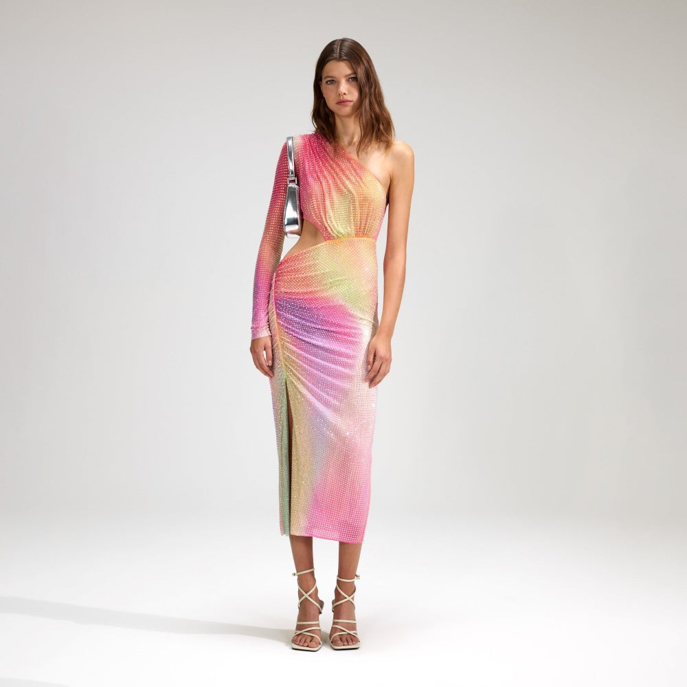 Ahusha Diagonal Shoulder Slit Metallic Dress