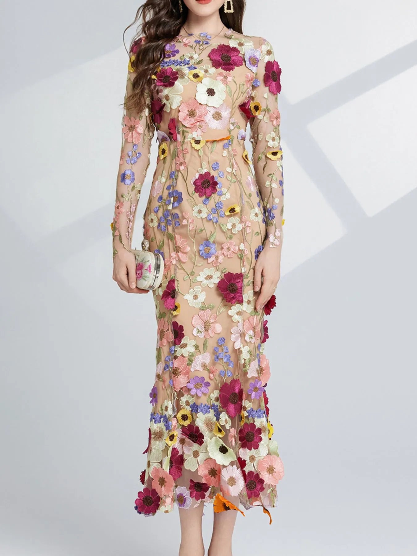 Floral Embroidered Mesh Long Sleeve Midi Dress