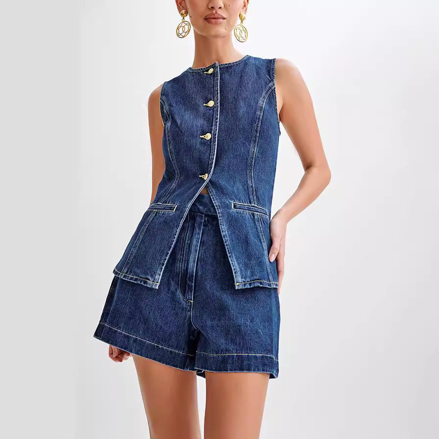 Denim Sleeveless Button Up Top Suit-Blue