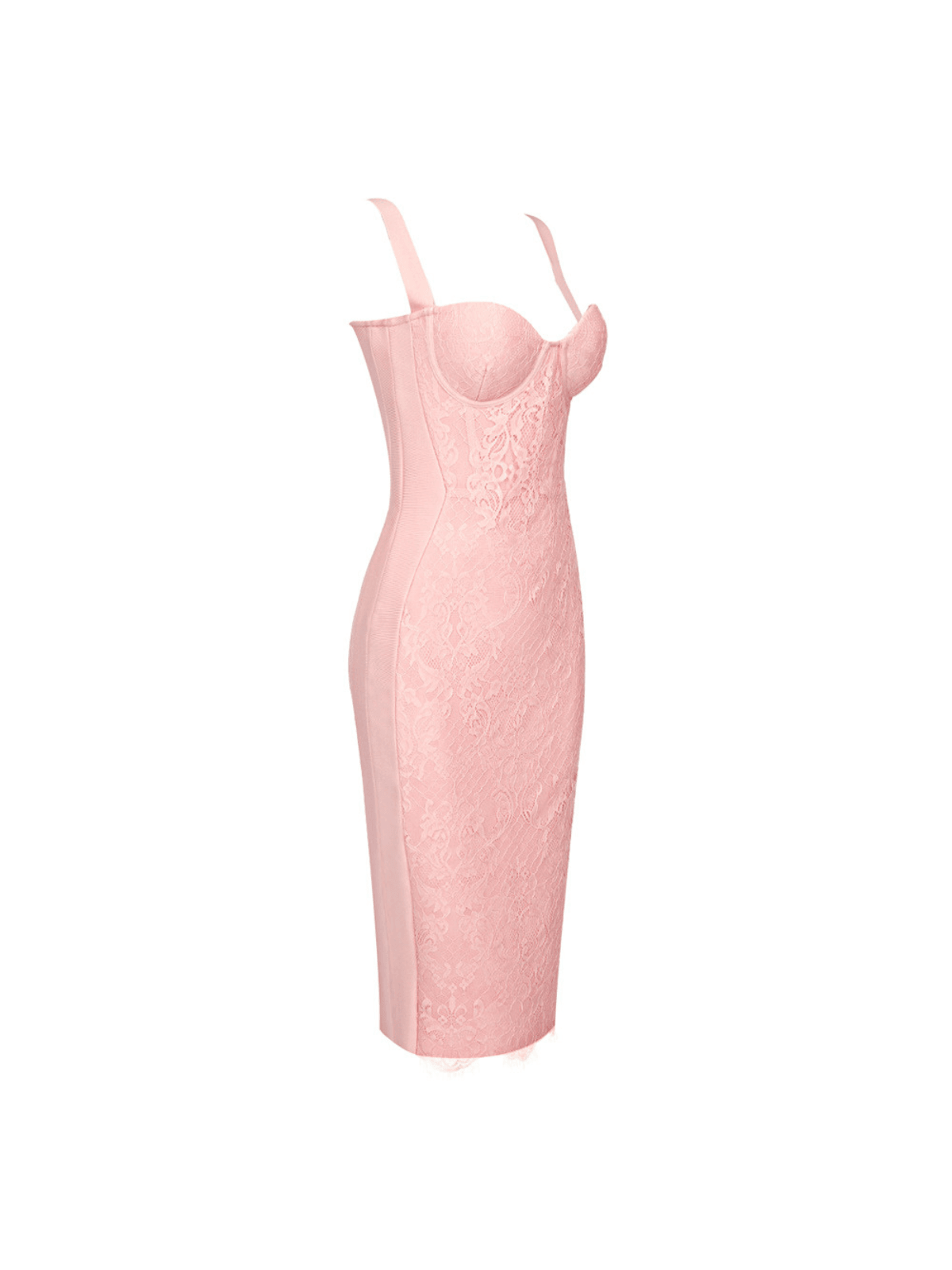 Finbar Lace Bandage Dress in Pink, showcasing elegant lace details and high stretch fabric, perfect for evening wear.